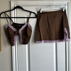 Motel Rocks brown Yanaka tie top & Shaena mini skirt set